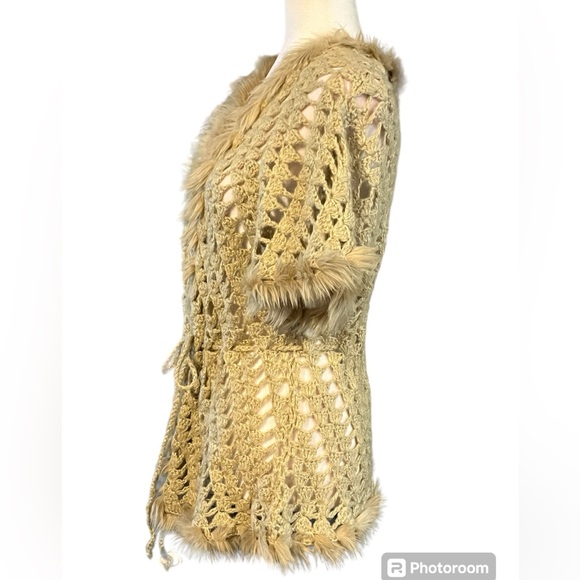 Arden B Crochet Short Sleeve Cardigan Wool Blend with Faux Fur Trim - Picture 7 of 12